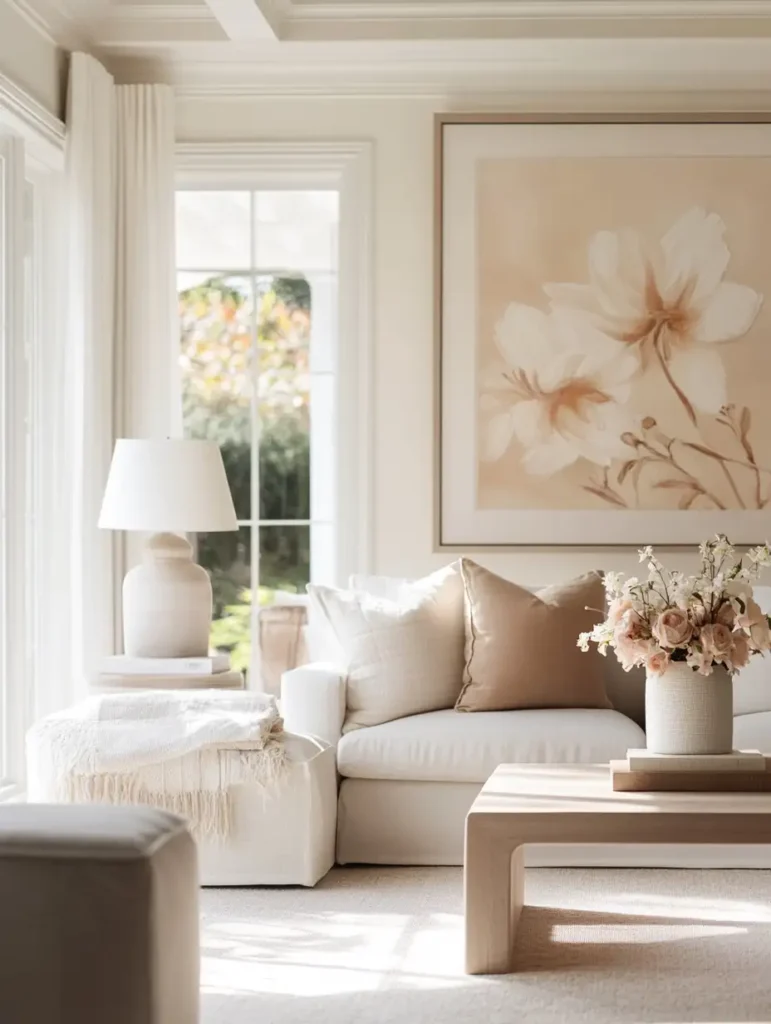 A bright and cheerful living room decorated for spring, featuring large wall art with floral themes. The room is filled with natural light, and the decor includes pastel colors and seasonal accents like fresh flowers and light fabrics