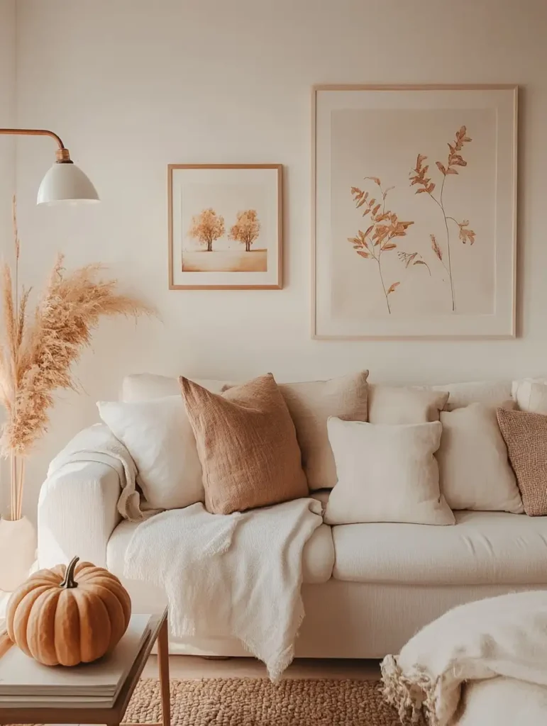 A seasonal decor setup above a couch, featuring autumn-themed wall art and warm colors for a cozy atmosphere.