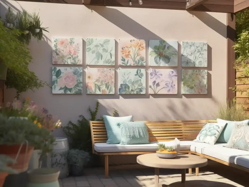 A close-up of spring-themed outdoor wall decor featuring pastel colors, botanical prints, and hanging plants.