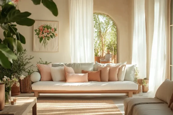 A cozy living room decorated with pastel colors, natural materials, and vibrant flowers, embodying the essence of spring home decor trends for 2025.