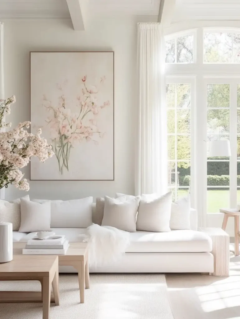 A vibrant living room decorated for spring, featuring large floral wall art that enhances the seasonal ambiance.