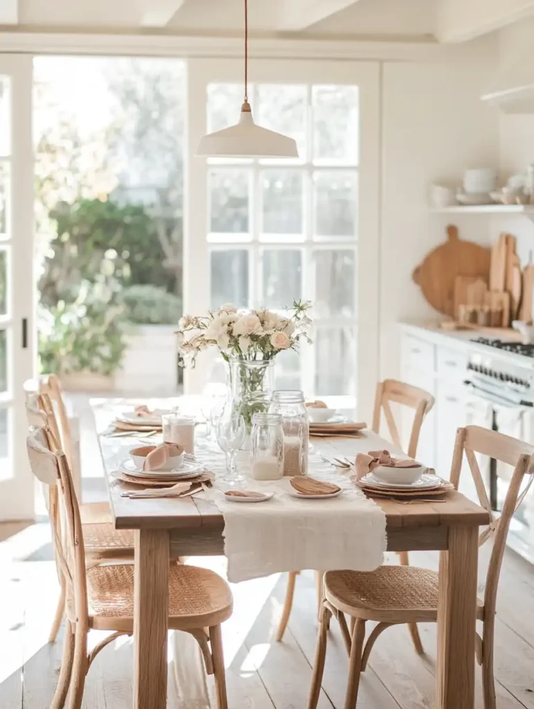 A stylish dining table set with DIY centerpieces made from mason jars, fresh flowers, and handmade table runners, in a bright and airy kitchen, realistic style