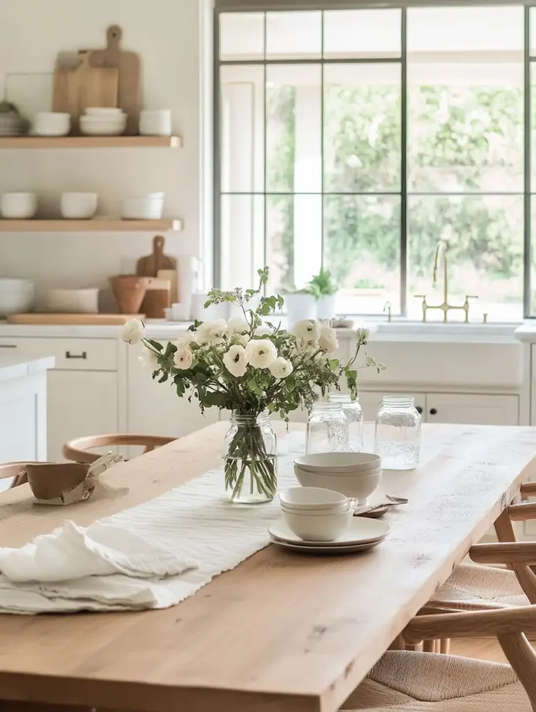 A beautifully arranged dining table featuring DIY centerpieces with mason jars and fresh flowers, set in a bright kitchen, showcasing creative home decor ideas