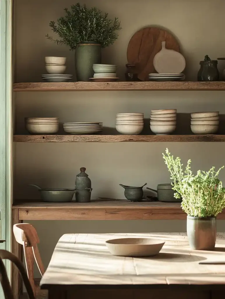 Unique shelving in a dining area filled with decorative items and plants, enhancing the overall decor.