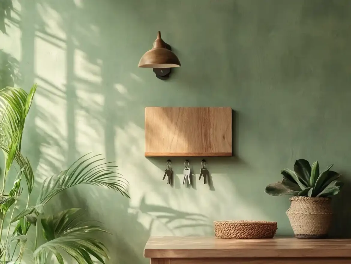 Stylish Wall Key Holder in a Modern Entryway A beautifully designed wall key holder made of wood and metal, mounted in a modern entryway with plants and decorative elements.