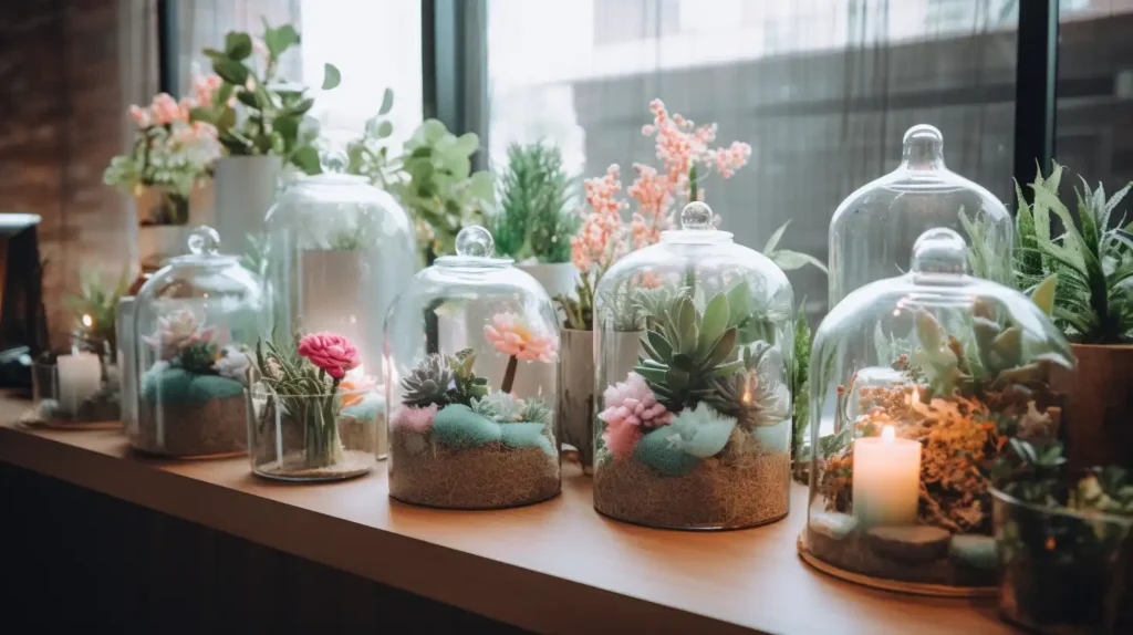 An eco-friendly Women's Day decoration featuring floral arrangements in recycled containers and potted plants.