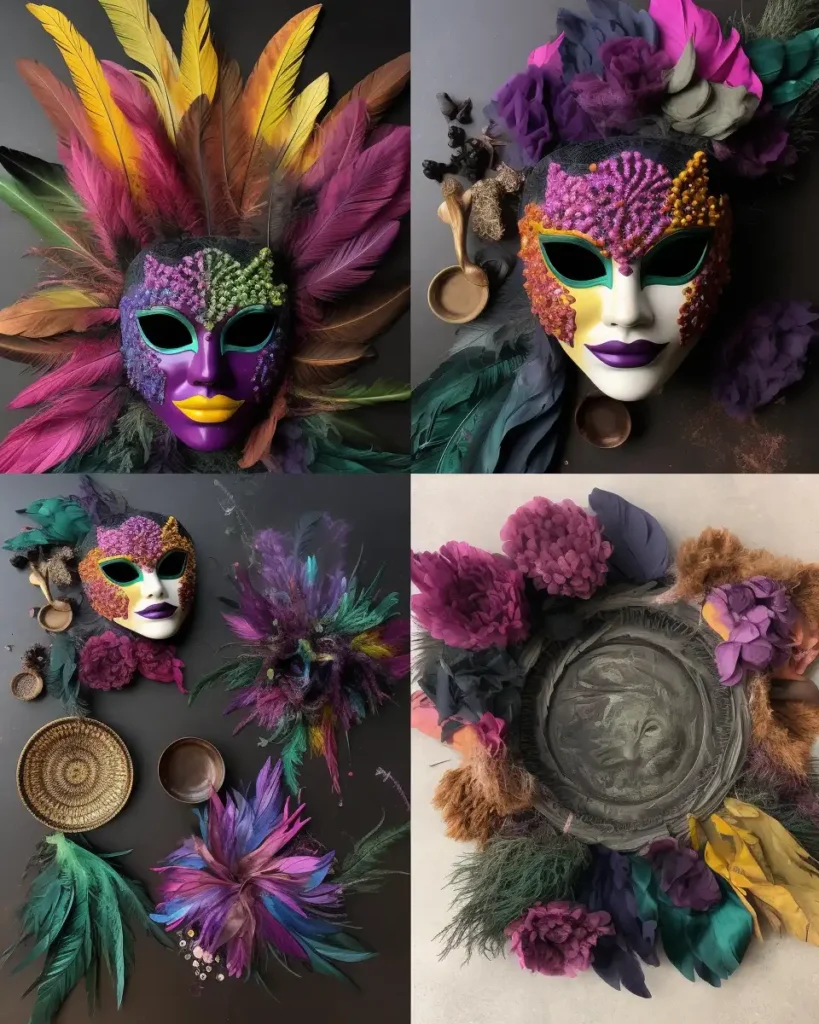 A display of eco-friendly Mardi Gras decorations made from biodegradable materials and natural dyes, featuring vibrant colors.