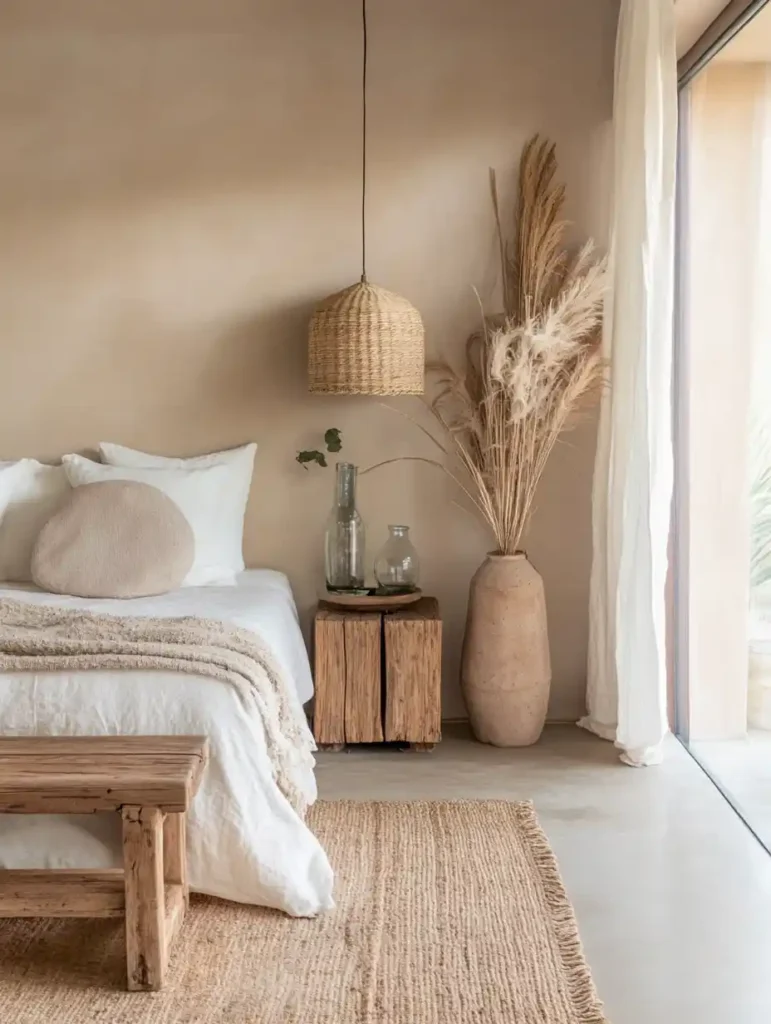 An eco-friendly home interior featuring reclaimed wood and organic textiles.