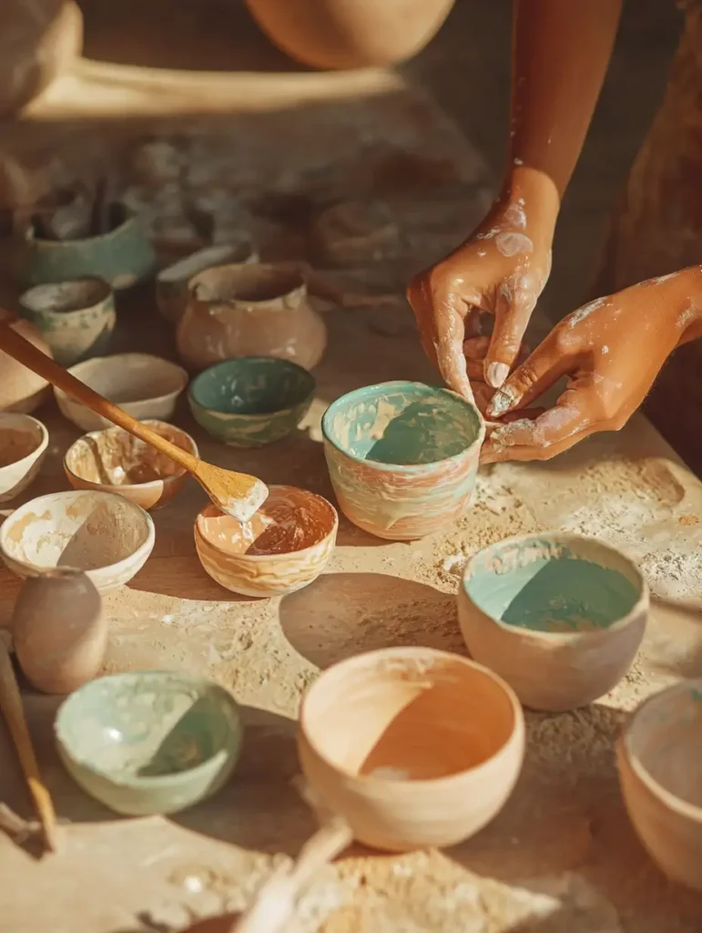 An artist glazing ceramic pieces with vibrant colors, highlighting the creative process.