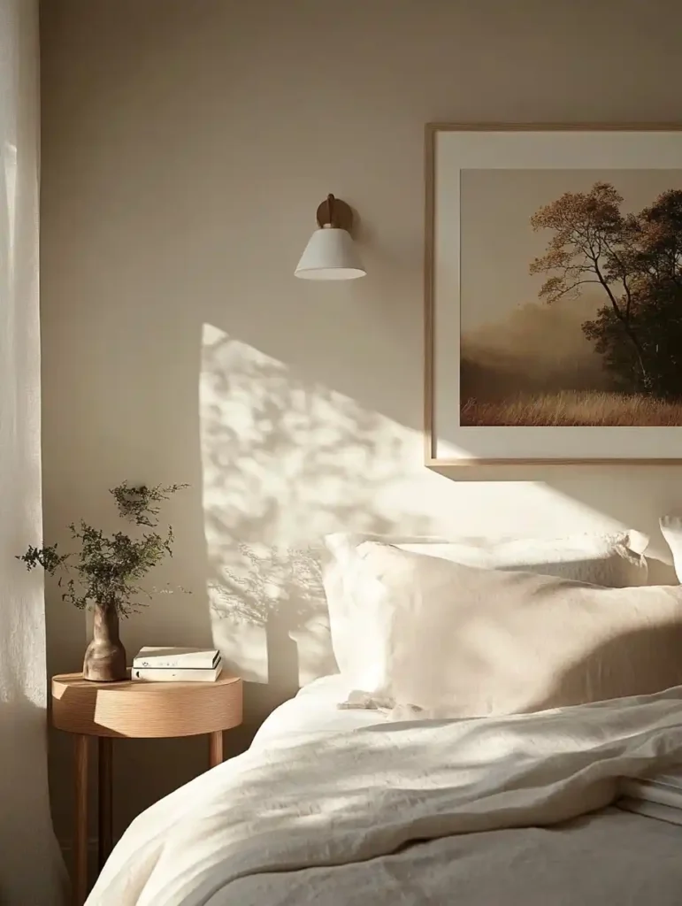 A peaceful bedroom featuring large nature-inspired wall art of a forest, enhancing the calming ambiance of the space.