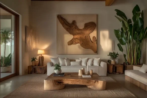 A cozy living room with a large wood wall art piece above the sofa, showcasing warm tones and natural textures.