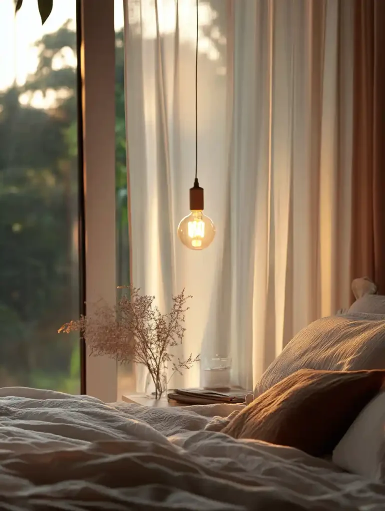 A tranquil bedroom with layered lighting and warm bulbs creating a cozy atmosphere.