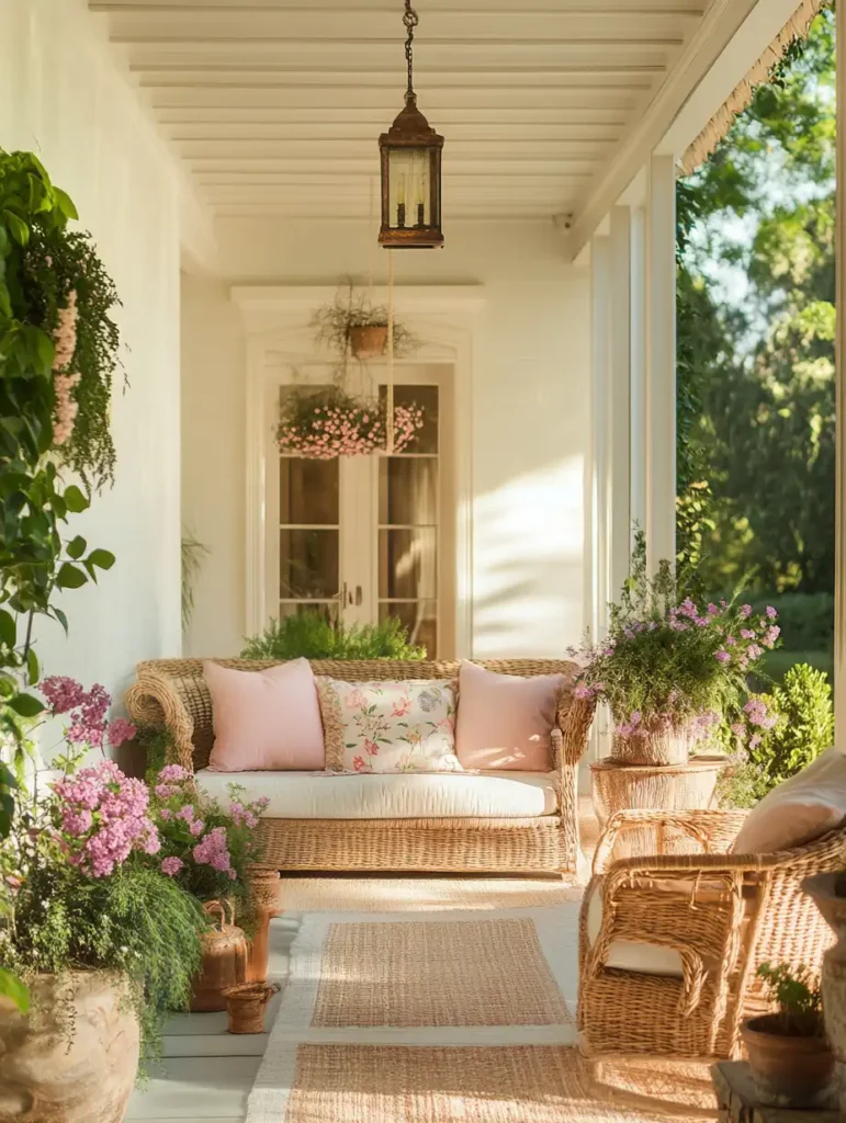 A vibrant outdoor patio designed for spring, featuring cozy seating, colorful cushions, and blooming potted plants. The space is adorned with natural materials like wicker and wood, creating an inviting atmosphere for relaxation and enjoyment.