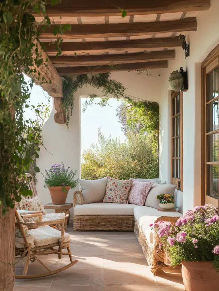 An inviting outdoor patio decorated with colorful cushions, blooming plants, and natural materials, perfect for enjoying the beauty of spring.