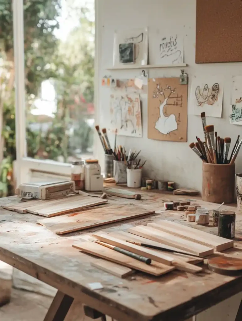 A DIY workspace with tools and materials for creating wood wall art, including wood planks, paints, and brushes.