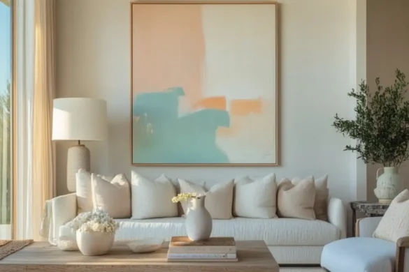 A cozy living room with a large abstract painting above a modern couch, showcasing warm lighting and decorative plants.