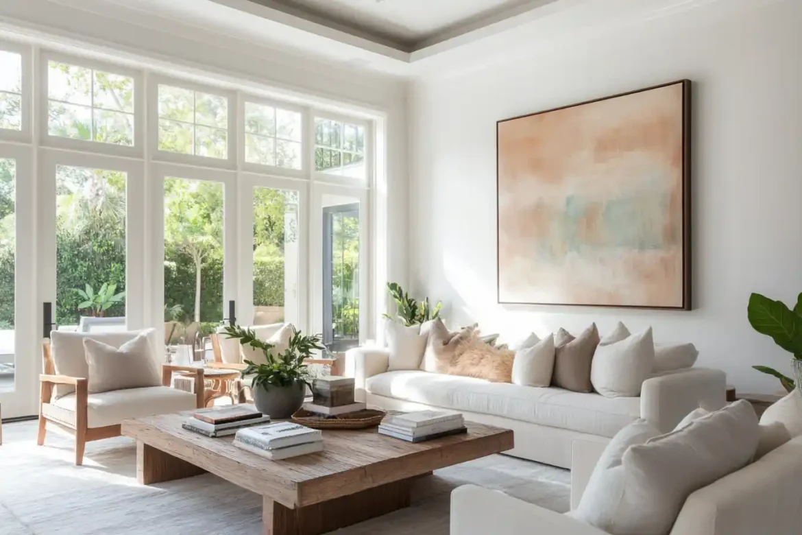 Vibrant Living Room with Large Wall Art A cozy living room adorned with a vibrant abstract painting as the focal point, surrounded by natural light and greenery.