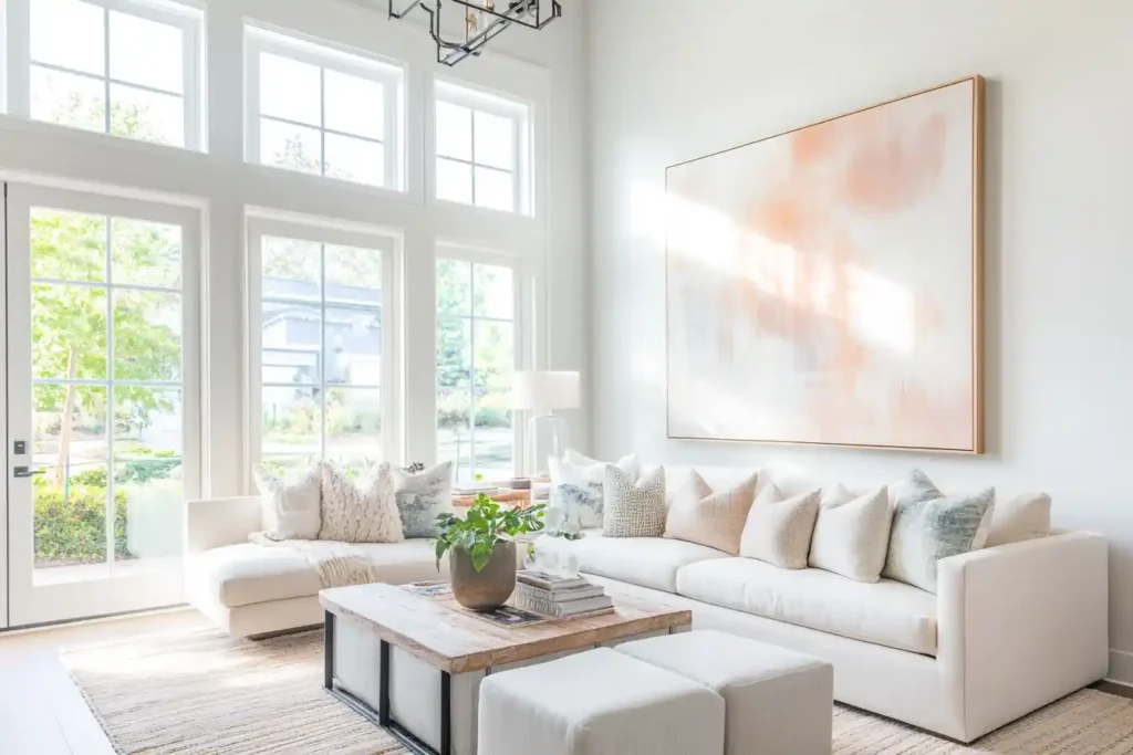 A stunning living room featuring large wall art, showcasing a vibrant abstract painting that energizes the space. The room is well-lit with natural light, highlighting the textures of the artwork and the cozy furniture arrangement. Include plants for a touch of nature.