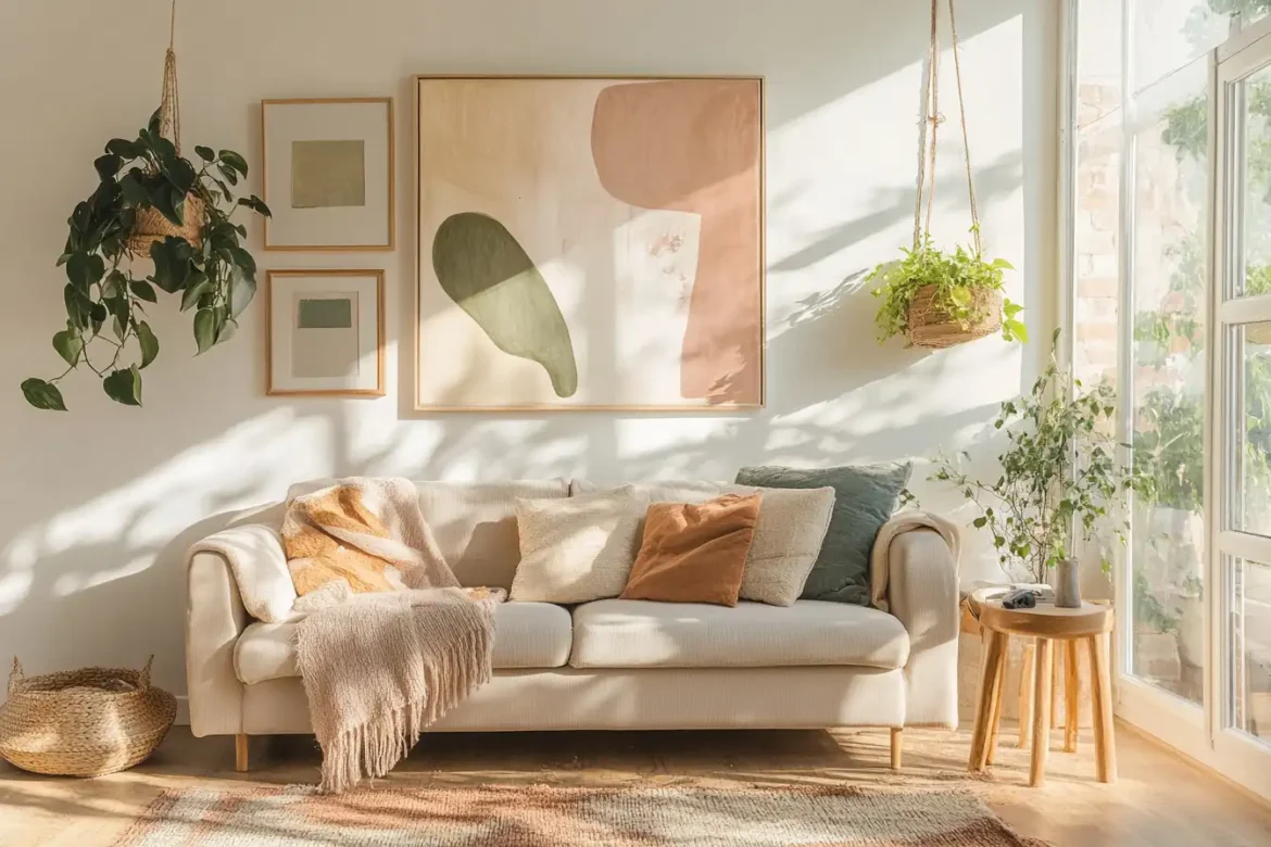 Vibrant Living Room with Unconventional Wall Decor A modern living room showcasing unique wall decor, including an abstract painting and a gallery wall, illuminated by natural light.