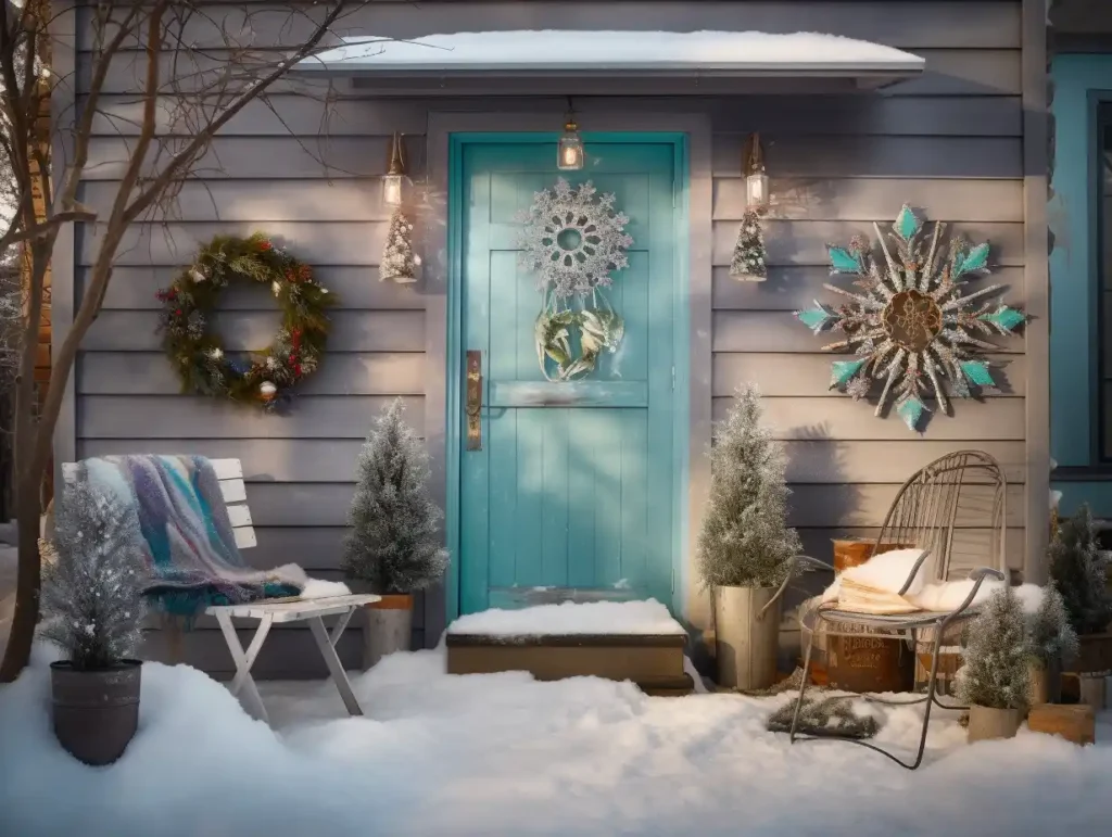 A winter-themed outdoor wall featuring weatherproof decor that brings festive flair to the cold season.