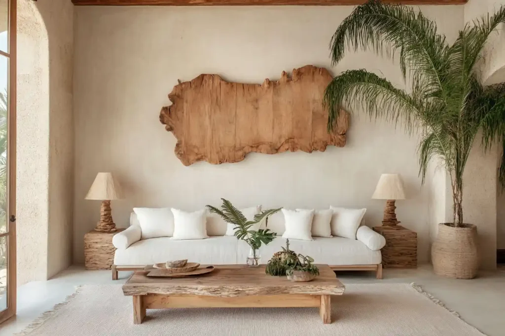 A stunning living room featuring a large, intricate wood wall art piece above a cozy sofa, showcasing warm tones and natural textures, with soft ambient lighting creating a welcoming atmosphere.