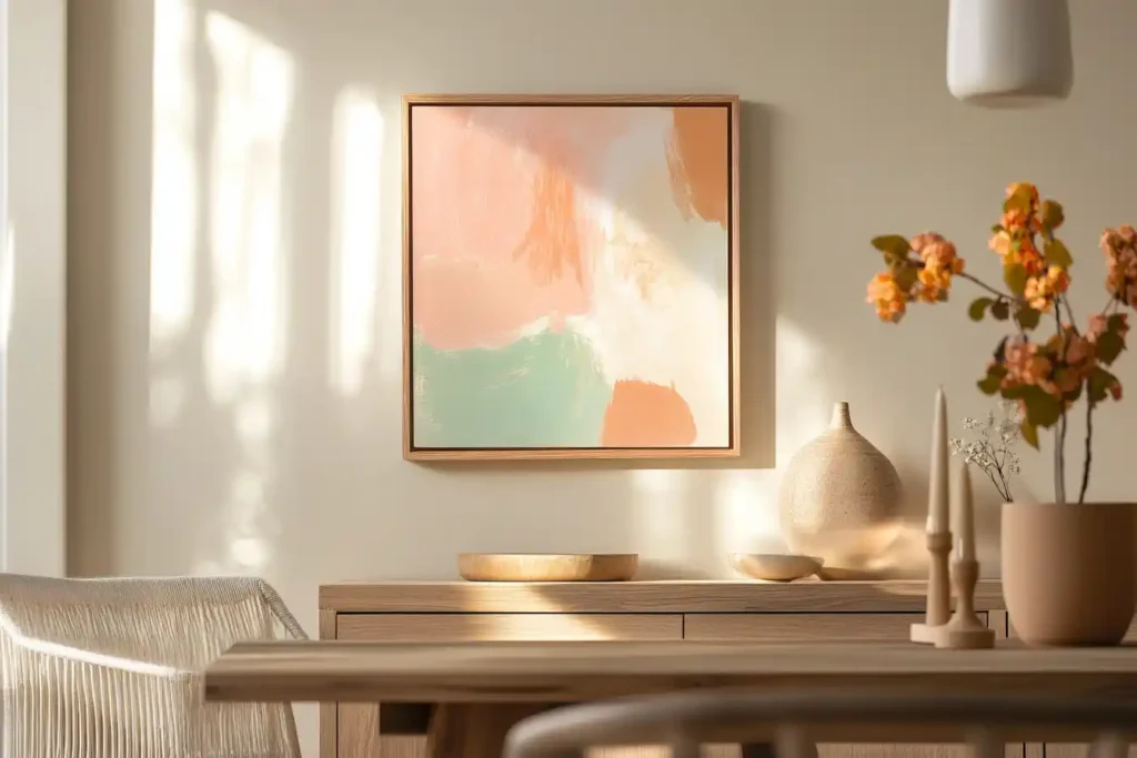 A close-up of a vibrant art print displayed on a dining area wall, featuring abstract shapes and warm colors. The print is framed in a rustic wooden frame, with a soft-focus background of a stylish dining table and chairs. The lighting is soft and ambient, creating a welcoming atmosphere.