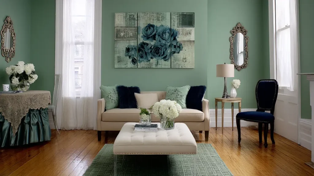 A living room painted in seafoam green, featuring elegant wall art and mirrors, designed to evoke tranquility and comfort.