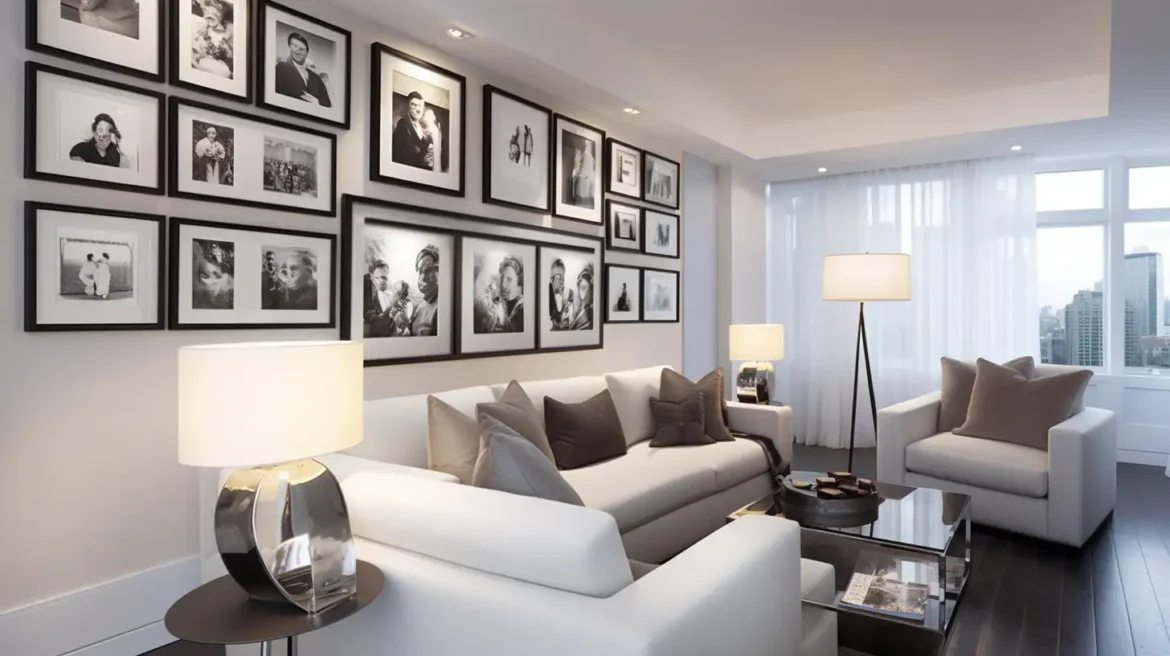 Elegant Gallery Wall in a Cozy Living Room A stylish living room with a gallery wall displaying framed art and personal photos, complemented by soft lighting and a neutral color scheme.