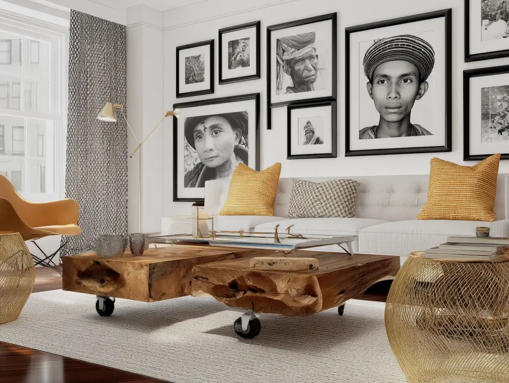A living room showcasing a mix of traditional and modern decor elements, including vintage frames and contemporary art, illuminated by warm lighting.