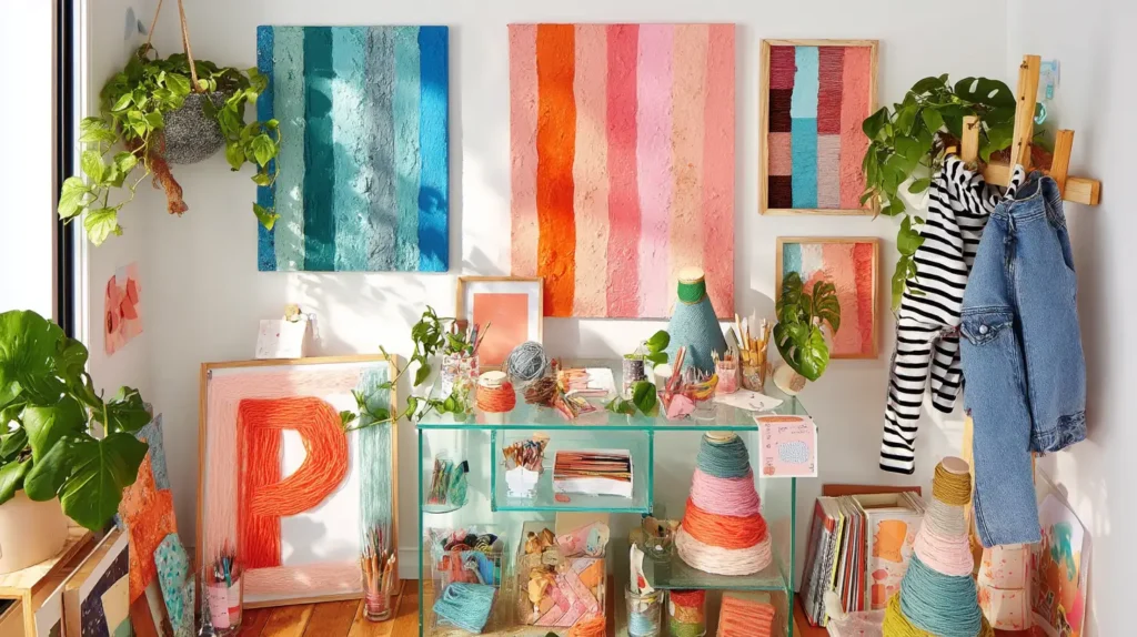 A creative workspace filled with DIY wall art projects, showcasing colorful canvases and unique designs, perfect for personalizing living spaces.