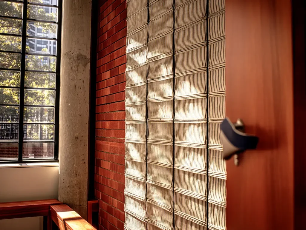 A textured wall showcasing wooden panels, fabric, and brick veneer, illuminated by natural light, creating a cozy ambiance.